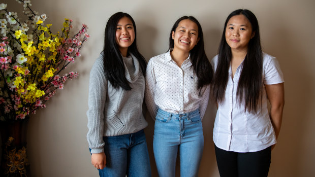 Cabramatta High's high achievers Thanh Xuan Nguyen (96.75), Julina Lim (99.95) and I-Yee Loi (93.95)