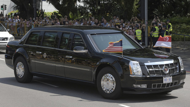 'The Beast': Donald Trump's armoured limo on the streets of Singapore.