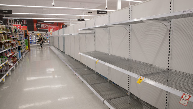Empty toilet paper shelves in Coles, Wetherill Park, in March.