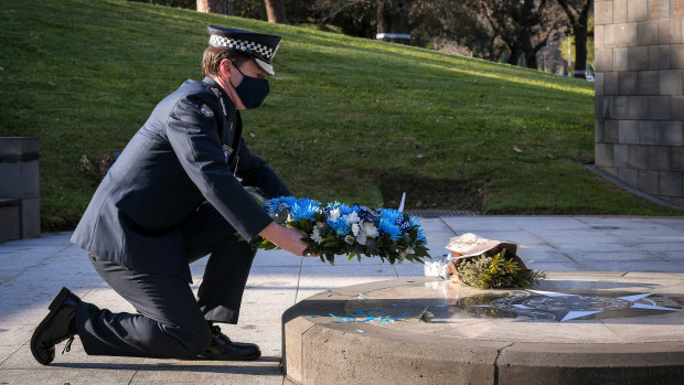 Chief Commissioner Shane Patton laying a wreath at the Victoria Police memorial on last year’s Police Remembrance Day.