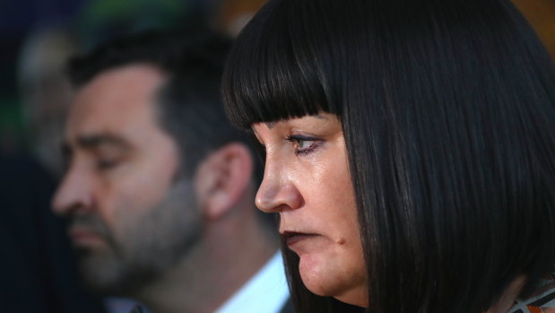 End game: Rugby Australia CEO Raelene Castle with NSW Waratahs CEO Andrew Hore as they announce the termination of Israel Folau's contract on Friday.