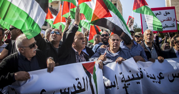 Protesters vent their anger at the inauguration of the US embassy in Jerusalem in May 14. Israeli soldiers shot and killed dozens of Palestinians during mass Gaza border protests that coincided with the opening.