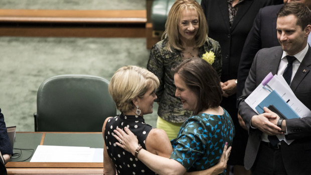 Liberal MP Kelly O'Dwyer is congratulated by Julie Bishop after Wednesday's valedictory speech.