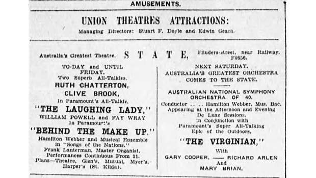 Theatre ads published in The Age, Saturday May 23rd, 1930. Of the twelve films screening in Melbourne, eleven were American and one British.