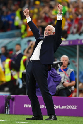 Socceroos coach Graham Arnold celebrates at the final whistle.