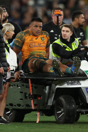 Allan Alaalatoa is taken from the field at the MCG in July. It ruled him out of the World Cup.
