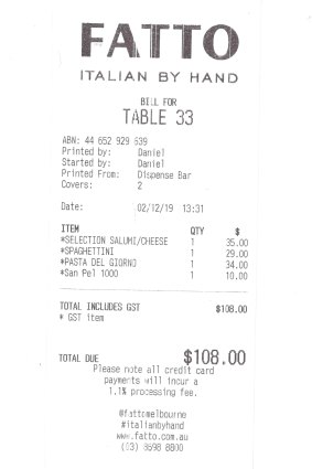 The lunch bill at Fatto.