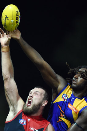 Max Gawn, left, and Nic Naitanui, right, clash during round 14 of the 2015 season.