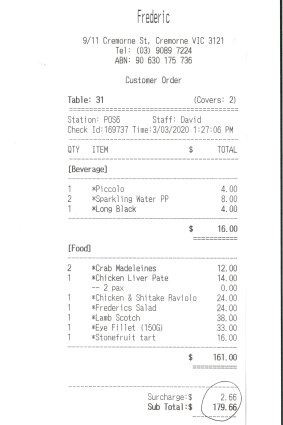 Receipt for lunch at Frederic in Cremorne.