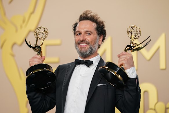Matthew Rhys with the awards for outstanding lead actor in a limited or anthology series or movie, for The Beast In Me, and outstanding lead actor in a comedy series, for Widow’s Bay.