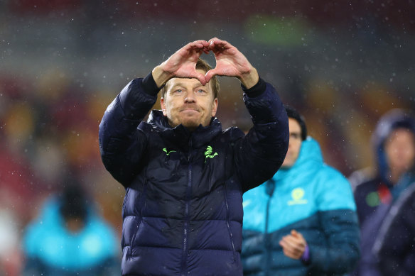 Matildas coach Tony Gustavsson celebrates.