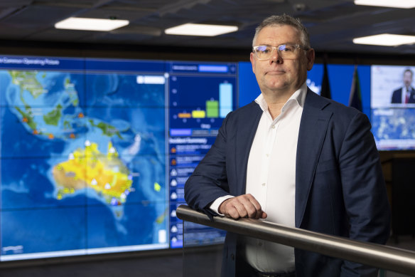Emergency Management Minister Murray Watt, pictured in the National Situation Room in Canberra, says Australians expect their political leaders to show up when disaster strikes.