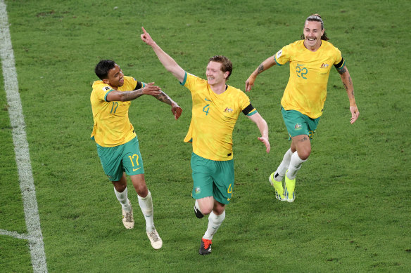 Kye Rowles celebrates his first international goal.