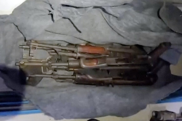 A cache of weapons the IDF says was found in a cupboard at the MRI centre at Al Shifa Hospital in Gaza. 