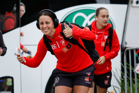 Molloy kept a brave face when she arrived for the Swans’ game against St Kilda.