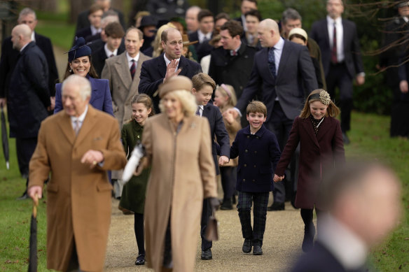 King Charles, Queen Camilla,  Catherine, the Princess of Wales, Princess Charlotte, Prince George, Prince William, Prince Louis and Mia Tindall arrive to attend the Christmas Day service at St Mary Magdalene Church in Sandringham.