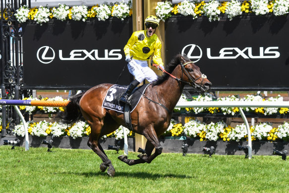 Without A Fight, ridden by Mark Zahra, wins the Melbourne Cup.