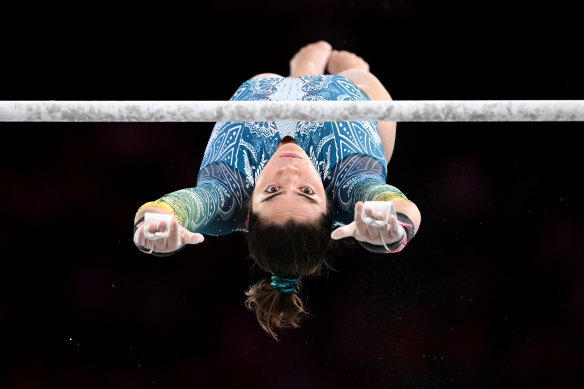 Eyes on the prize ... Georgia Godwin competing on the uneven bars.