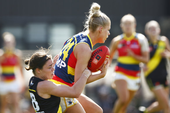 Adelaide’s Ash Woodland marks under pressure from Libby Graham.