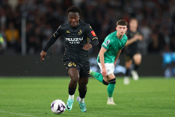 Nestory Irankunda on the run for the  A-League All Stars Men against Newcastle United FC at Marvel Stadium on Friday night.