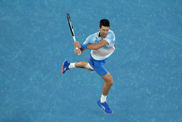 Novak Djokovic delivering a backhand during his fourth round singles match. 