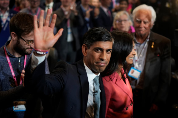British Prime Minister Rishi Sunak with his wife, Akshata Murthy, at the Conservative Party Conference earlier this month.