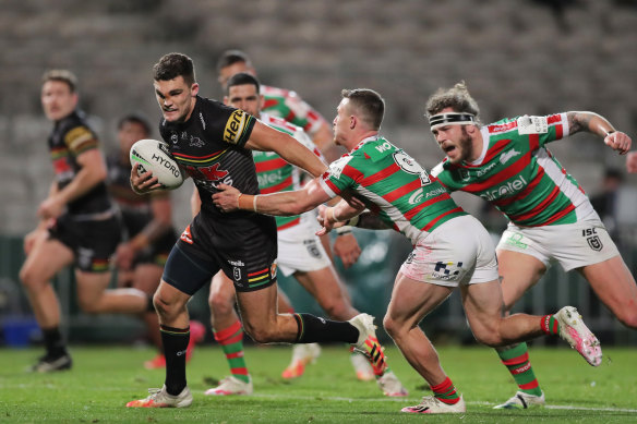 Catch me if you can ... Nathan Cleary on the fly against Souths.