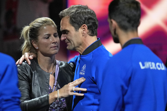 Roger Federer is embraced by wife Mirka after his final match at the Laver Cup last September.