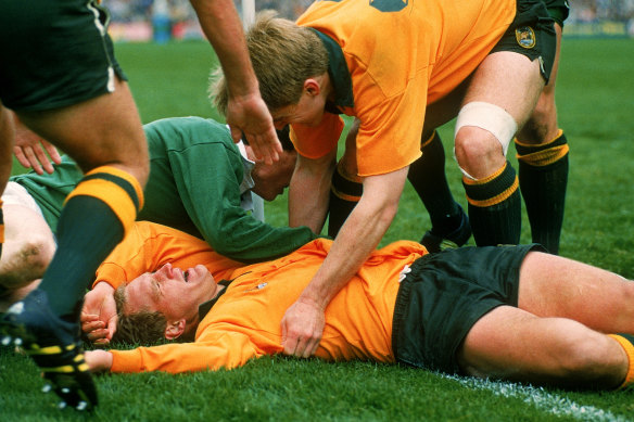 Michael Lynagh after scoring the winning try against Ireland at Lansdowne Road in the 1991 World Cup.
