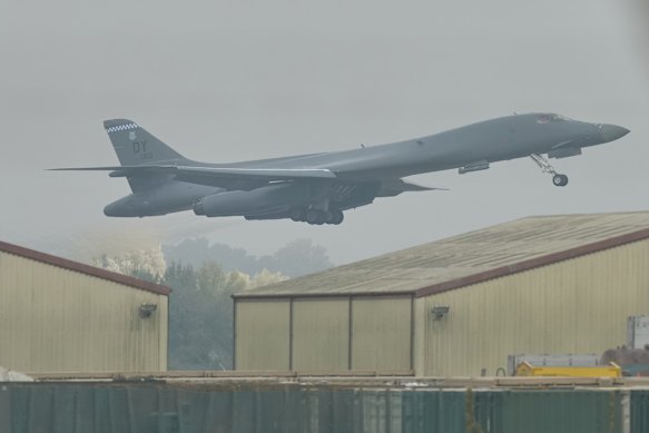 A B-1 bomber takes off from RAF Fairford on Tuesday.