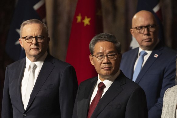 Anthony Albanese and Peter Dutton with Chinese Premier Li Qiang at Parliament House yesterday. 