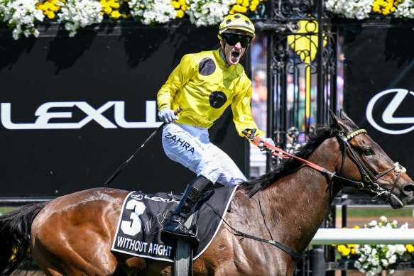 Melbourne Cup winning jockey Mark Zahra rides Without A Fight to victory in the 2023 Melbourne Cup.