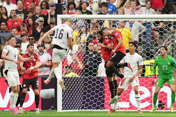 Finn Surman gets up and heads New Zealand into the lead.