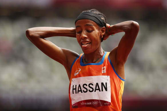Sifan Hassan reacts after winning her heat.