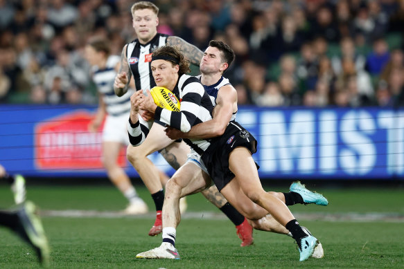 Collingwood’s Jack Ginnivan doesn’t get much reward nowadays if taken high.