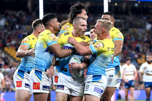 Kieran Foran celebrates after scoring against Parramatta.