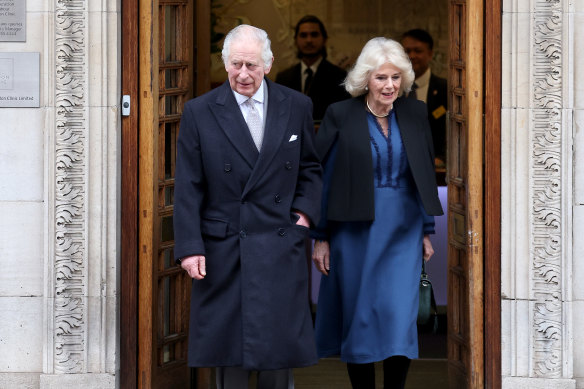 King Charles III departs with Queen Camilla after receiving treatment for an enlarged prostate at The London Clinic last month.