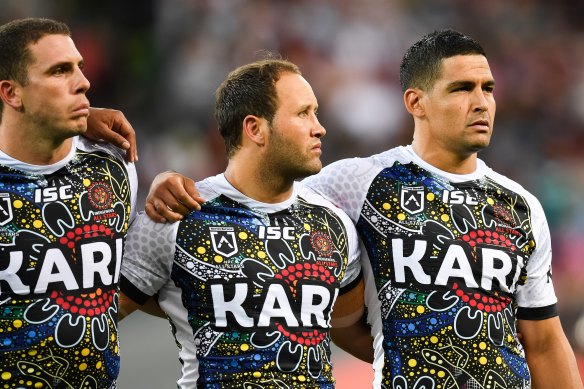 Taking a stand: Cody Walker, right,  opted not to sing the anthem before the NRL Allstars match.