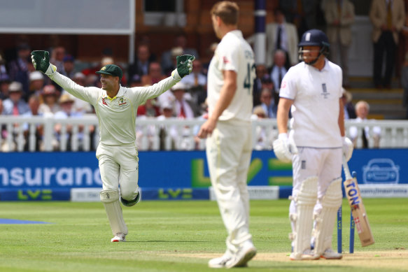 Alex Carey celebrates his stumping of Jonny Bairstow at Lord’s; an incident that caused tension in the Ashes series.