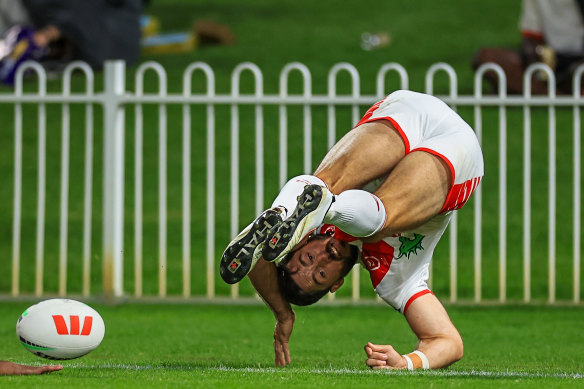 All the tricks: Ben Hunt with a flourish after his second try.