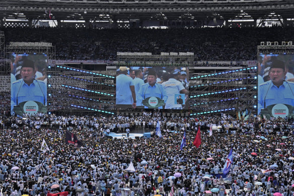 Presidential candidate Prabowo Subianto delivers a campaign speech at a rally inside Gelora Bung Karno Main Stadium in Jakarta on February 10.