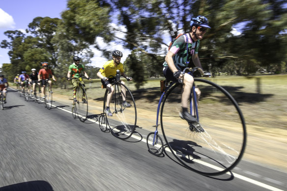 Ride like the wind: the peleton en route from Stawell to Halls Gap on Monday.