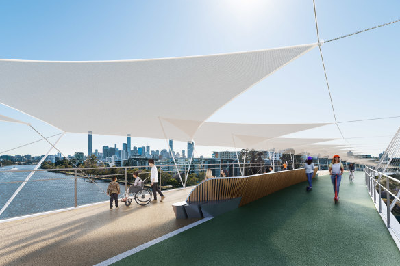 Concept designs for a pedestrian and cycle bridge proposed to cross the Brisbane River between West End and Toowong.