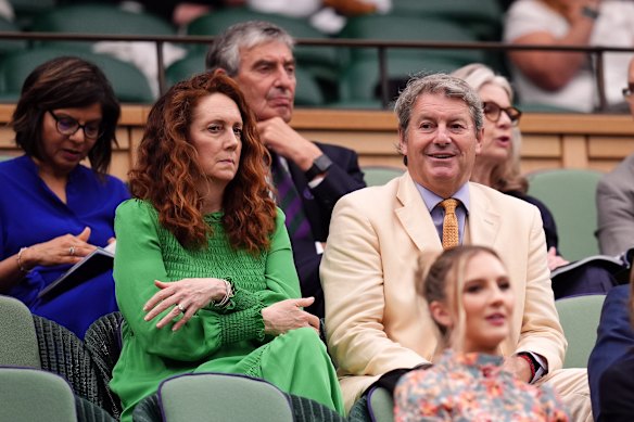 Rupert Murdoch’s UK media chief, Rebekah Brooks, and her racehorse trainer husband Charlie Brooks in the royal box at the All England Lawn Tennis and Croquet Club, London, in 2024.