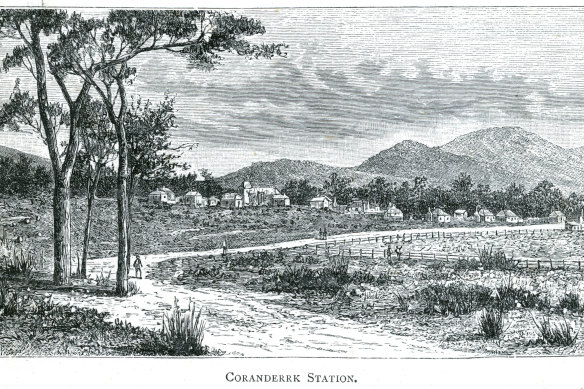 An engraving of Coranderrk Station, the government-run Aboriginal reserve near Healesville where William Barak lived.