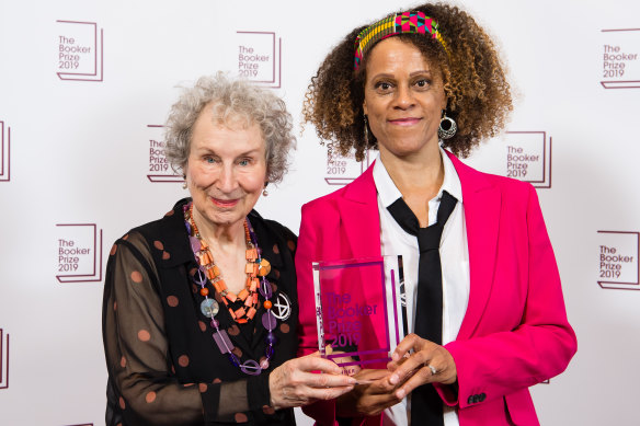 Margaret Atwood (left) and Bernardine Evaristo celebrate their joint Booker Prize win.