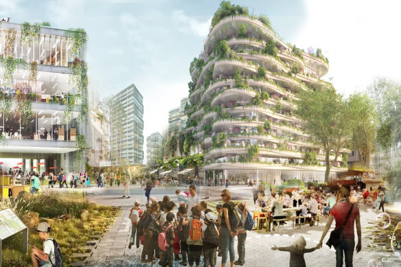 An artist’s impression of a future Macquarie Park, which would become more suited to pedestrians if plans are realised.
