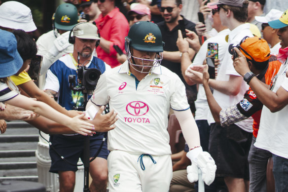 David Warner walking out to bat for the last time in Test cricket at the SCG earlier this year.