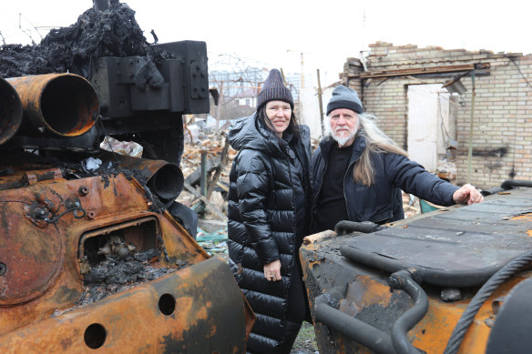 Hellen Rose and George Gittoes in Bucha, Ukraine: “Because George goes to such dangerous places, he must organise and corral people, but if he ever tries to organise and corral me at home, I just say, ‘Do not. Do. It.’ He backs off.”