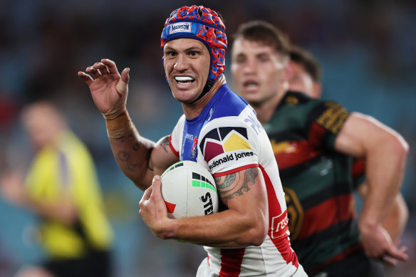 Kalyn Ponga makes a break against the Rabbitohs on Saturday night.